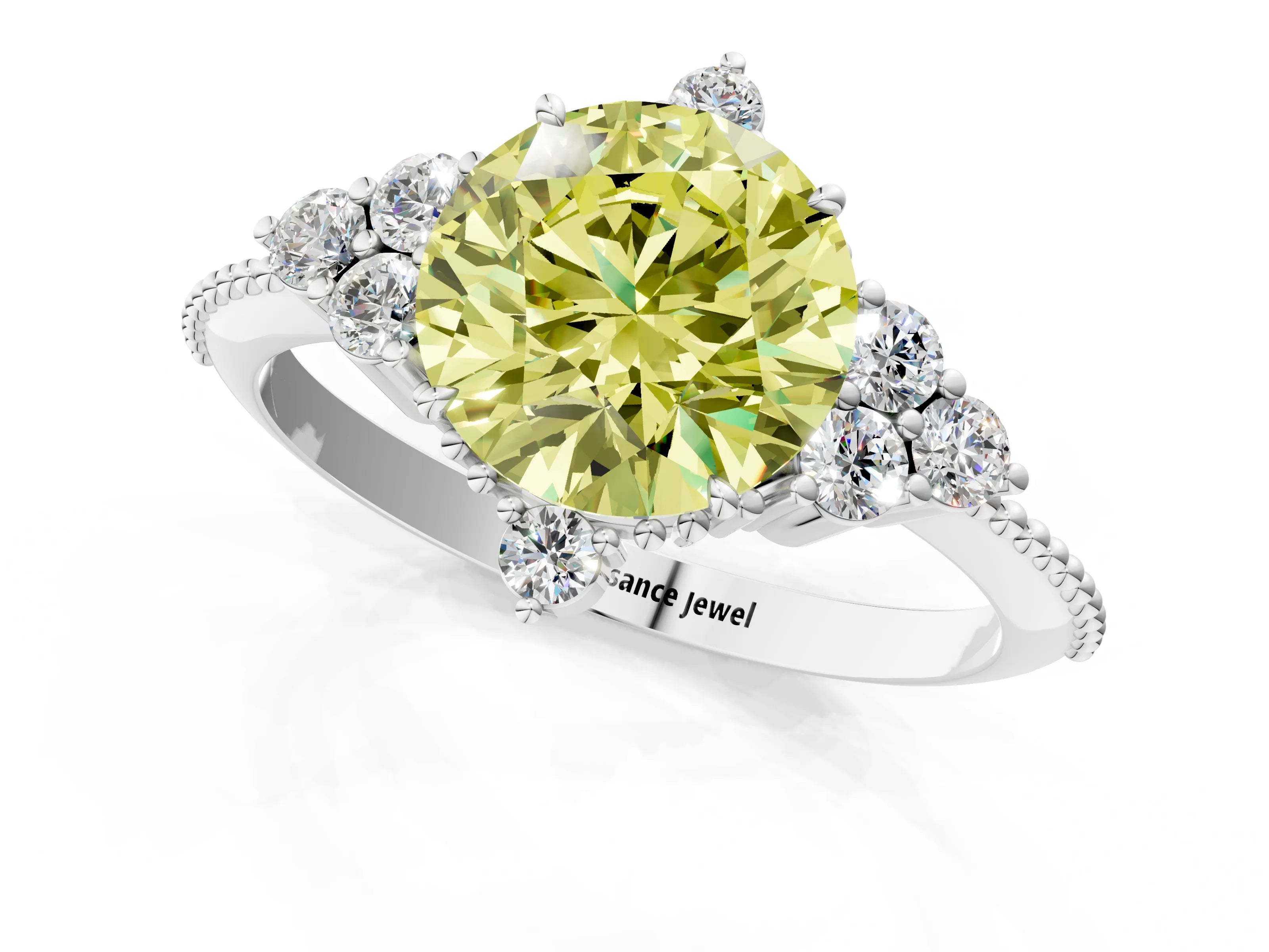 White gold Fancy Yellow Round Cut Brilliant Diamond with Cluster Setting on a Beaded Band and Four-Prong Setting_25
