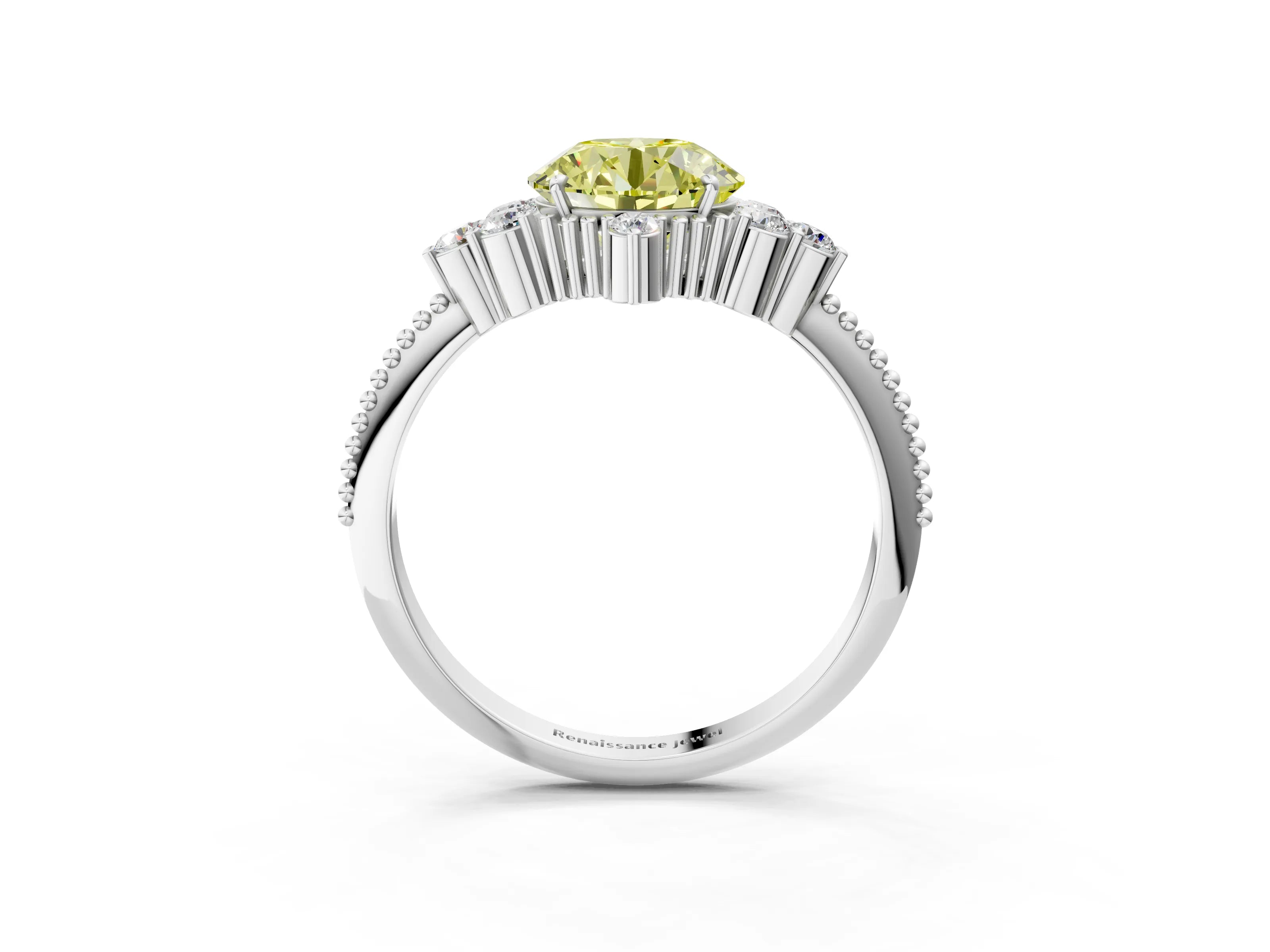 White gold Fancy Yellow Round Cut Brilliant Diamond with Cluster Setting on a Beaded Band and Four-Prong Setting_27