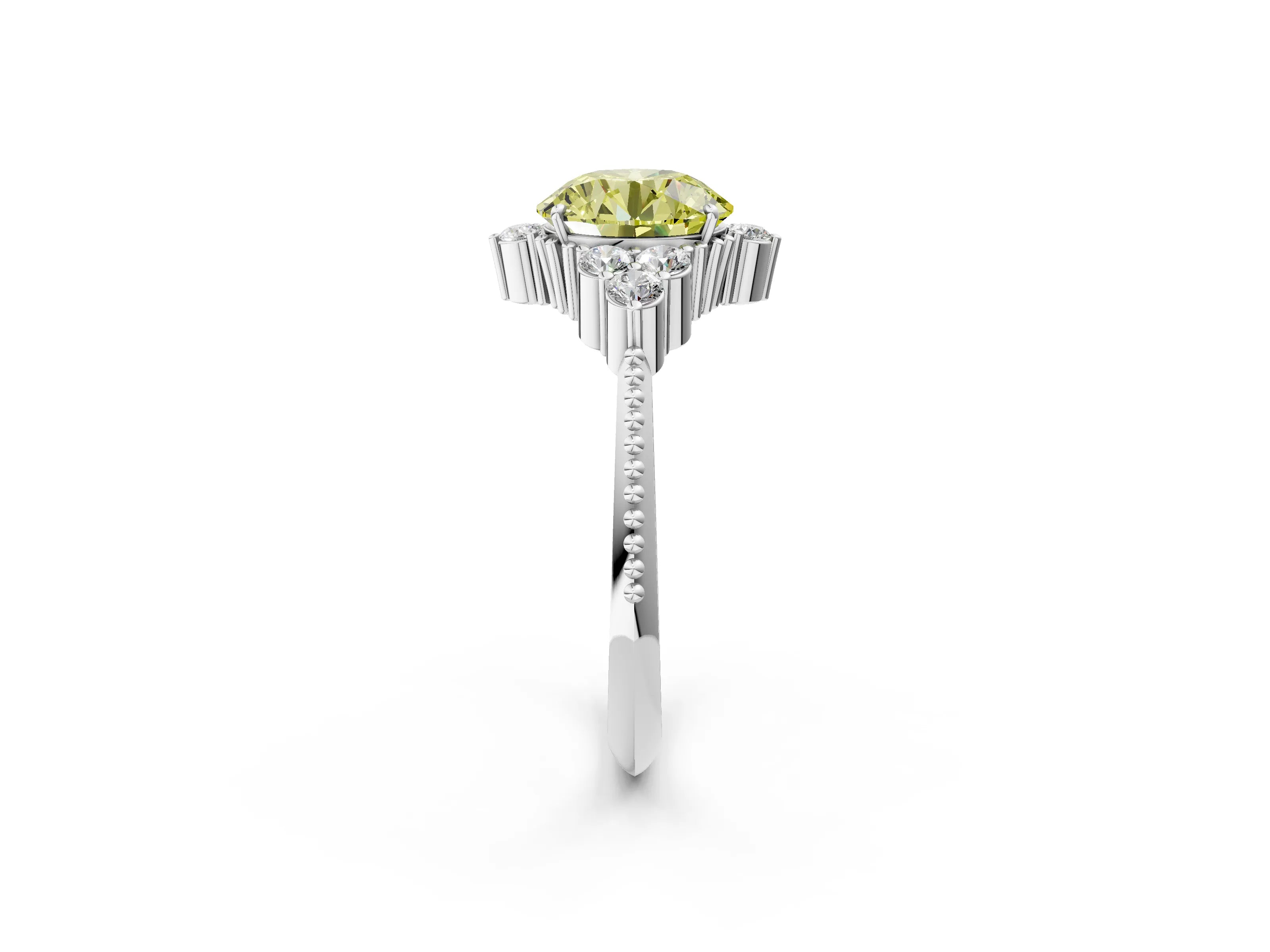 White gold Fancy Yellow Round Cut Brilliant Diamond with Cluster Setting on a Beaded Band and Four-Prong Setting_2