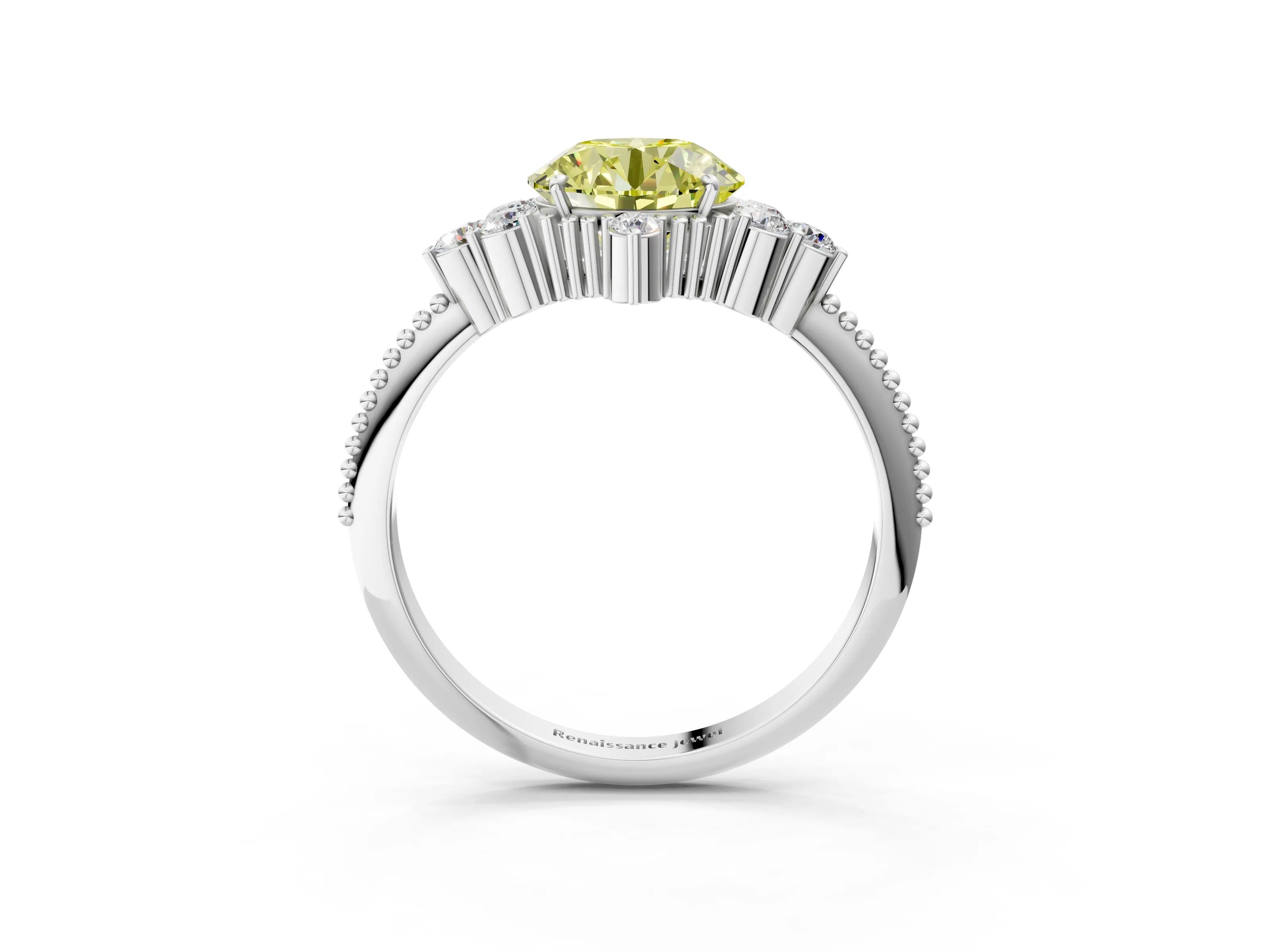 White gold Fancy Yellow Round Cut Brilliant Diamond with Cluster Setting on a Beaded Band and Four-Prong Setting_3