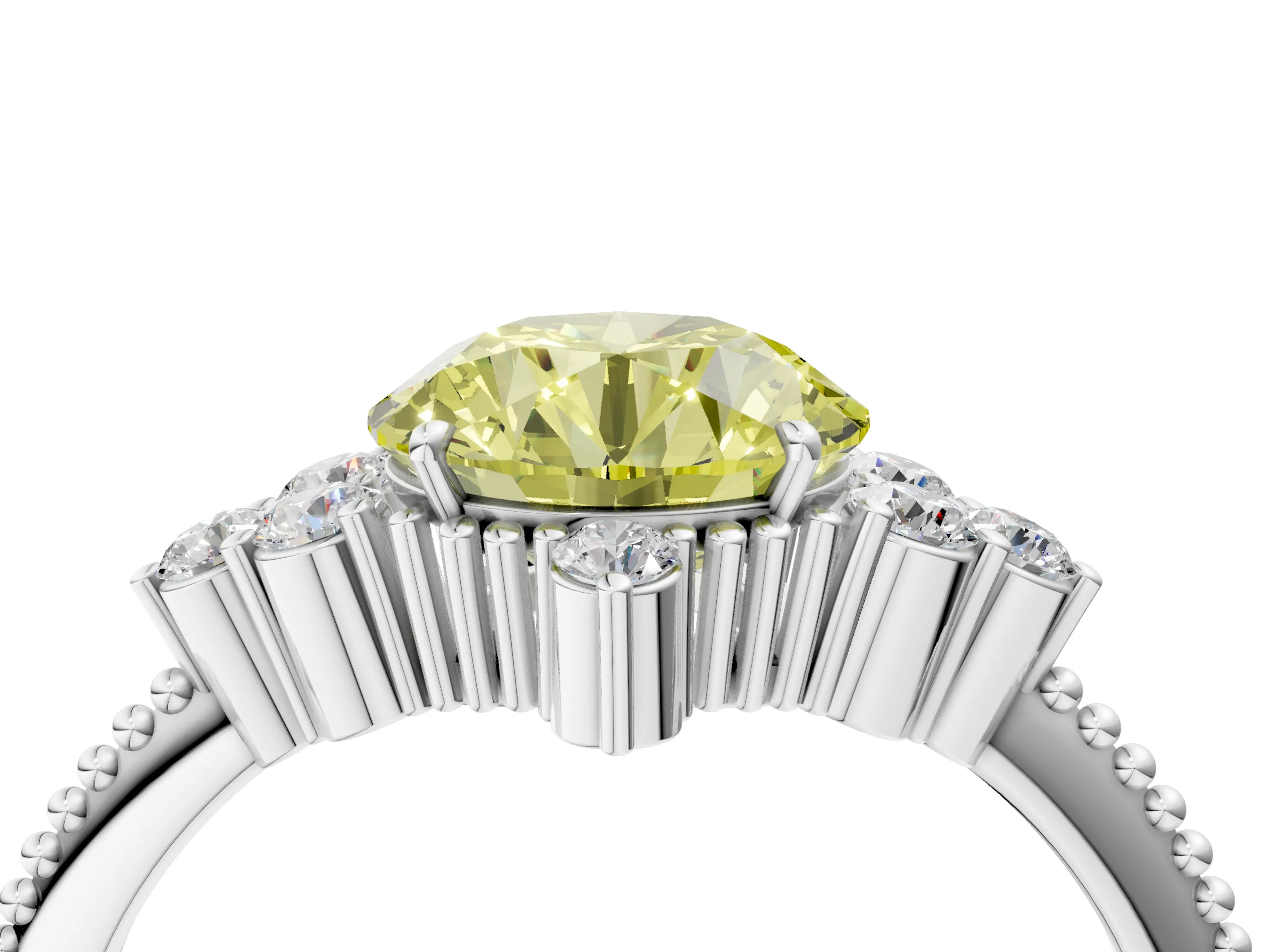 White gold Fancy Yellow Round Cut Brilliant Diamond with Cluster Setting on a Beaded Band and Four-Prong Setting_4