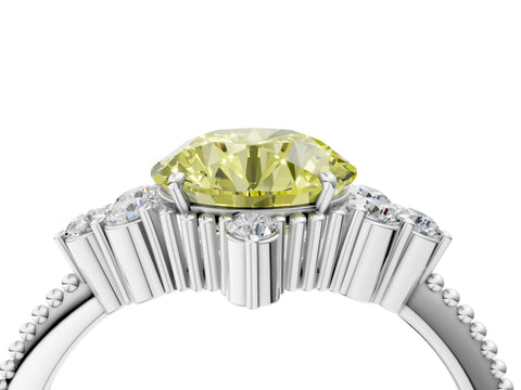 White gold Fancy Yellow Round Cut Brilliant Diamond with Cluster Setting on a Beaded Band and Four-Prong Setting_4