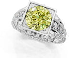 White gold Fancy Yellow Round Cut Brilliant Milgrain Filigree Diamond Ring with Square Prong Setting_37