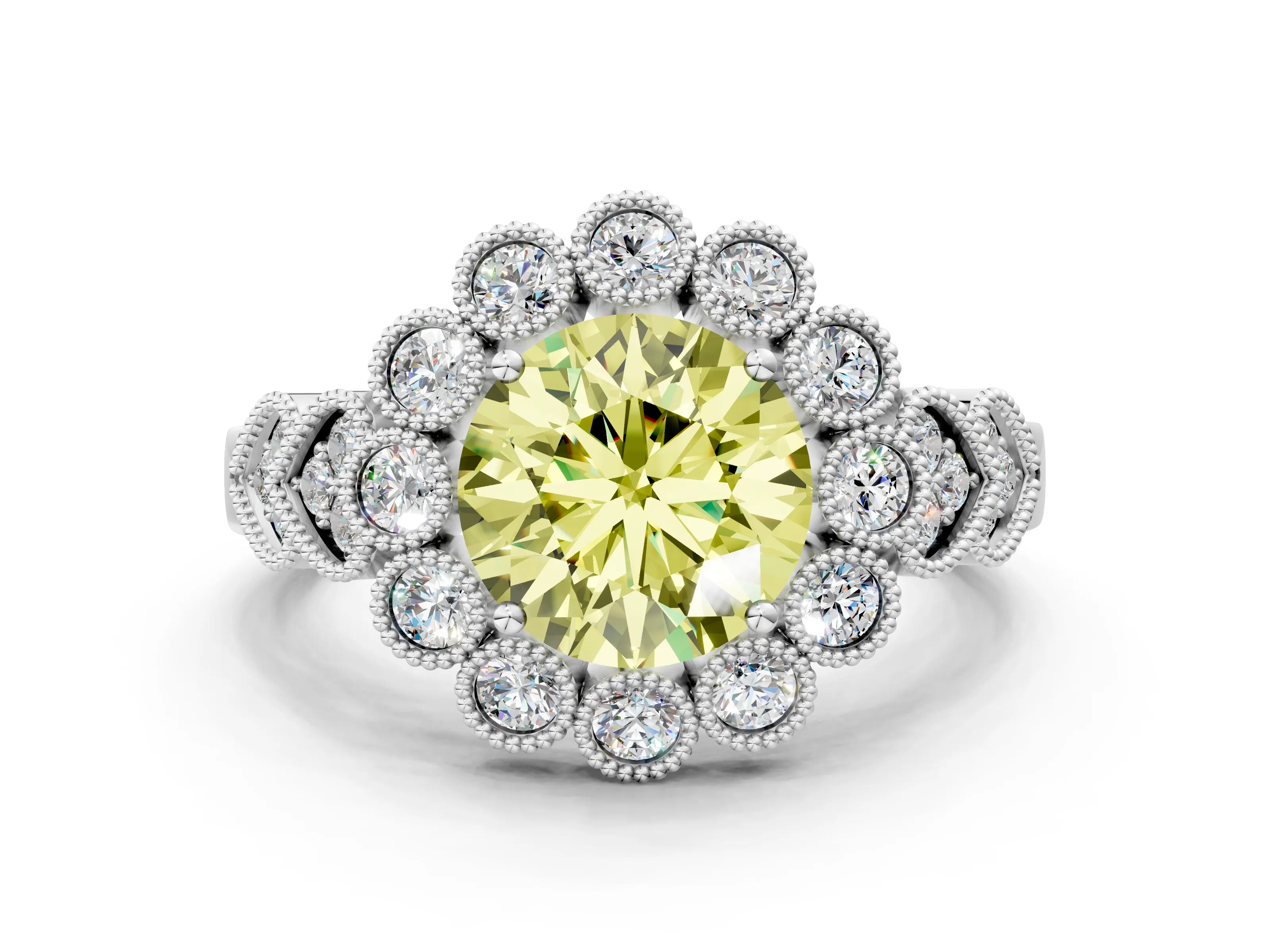 White gold Fancy Yellow Round Cut Brilliant Milgrain Pave Heart Band Solitaire Ring