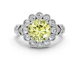 White gold Fancy Yellow Round Cut Brilliant Milgrain Pave Heart Band Solitaire Ring