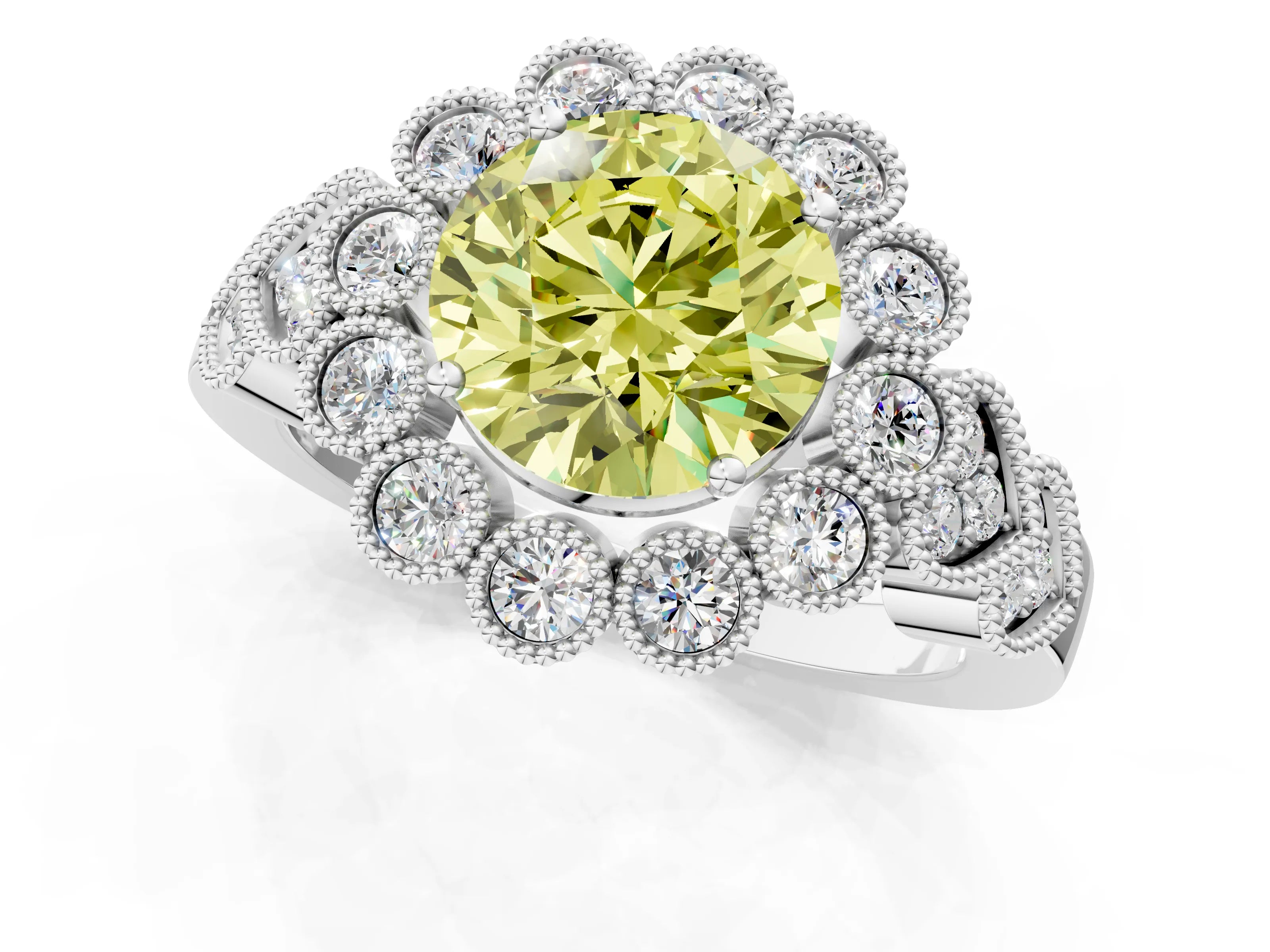 White gold Fancy Yellow Round Cut Brilliant Milgrain Pave Heart Band Solitaire Ring_1
