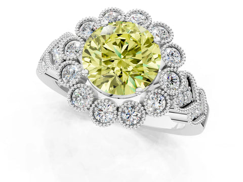 White gold Fancy Yellow Round Cut Brilliant Milgrain Pave Heart Band Solitaire Ring_1