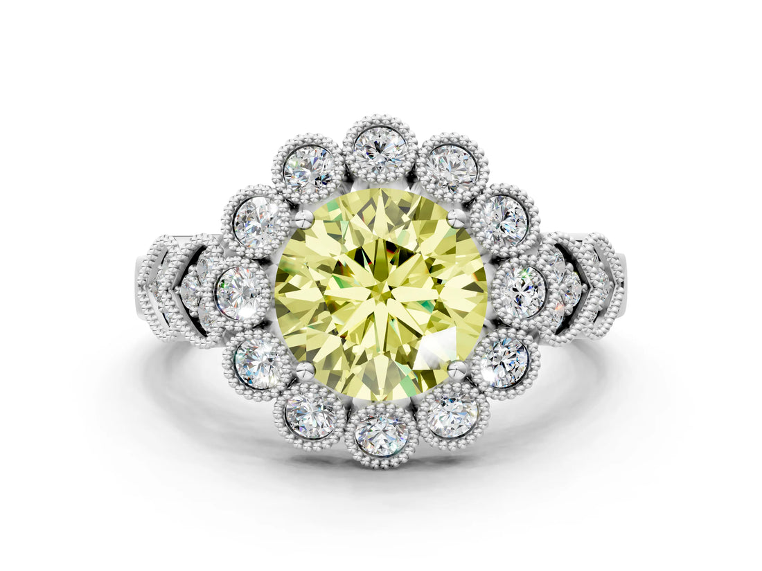 White gold Fancy Yellow Round Cut Brilliant Milgrain Pave Heart Band Solitaire Ring_1