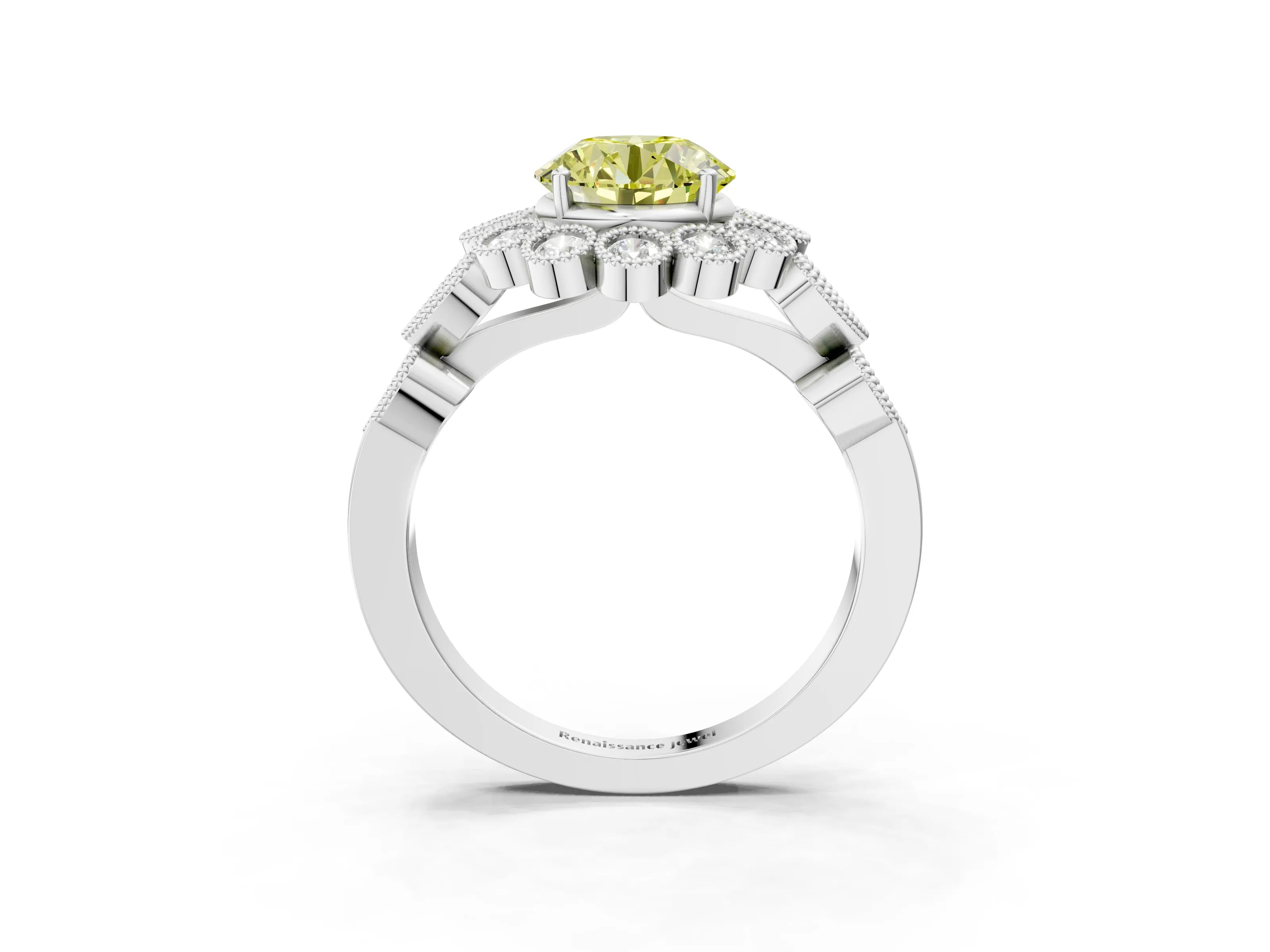 White gold Fancy Yellow Round Cut Brilliant Milgrain Pave Heart Band Solitaire Ring_3
