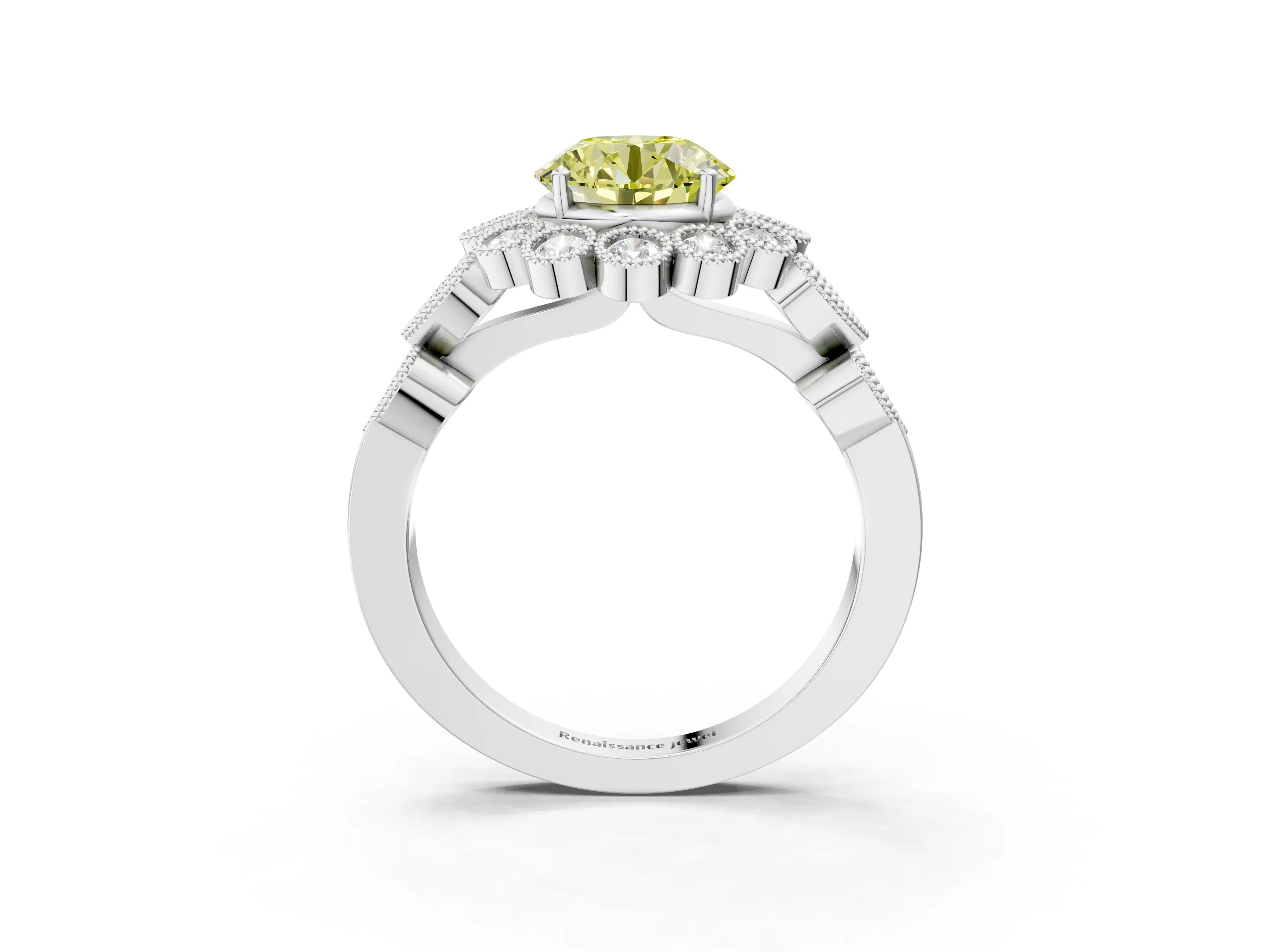 White gold Fancy Yellow Round Cut Brilliant Milgrain Pave Heart Band Solitaire Ring_3