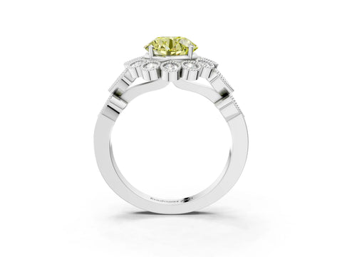 White gold Fancy Yellow Round Cut Brilliant Milgrain Pave Heart Band Solitaire Ring_3