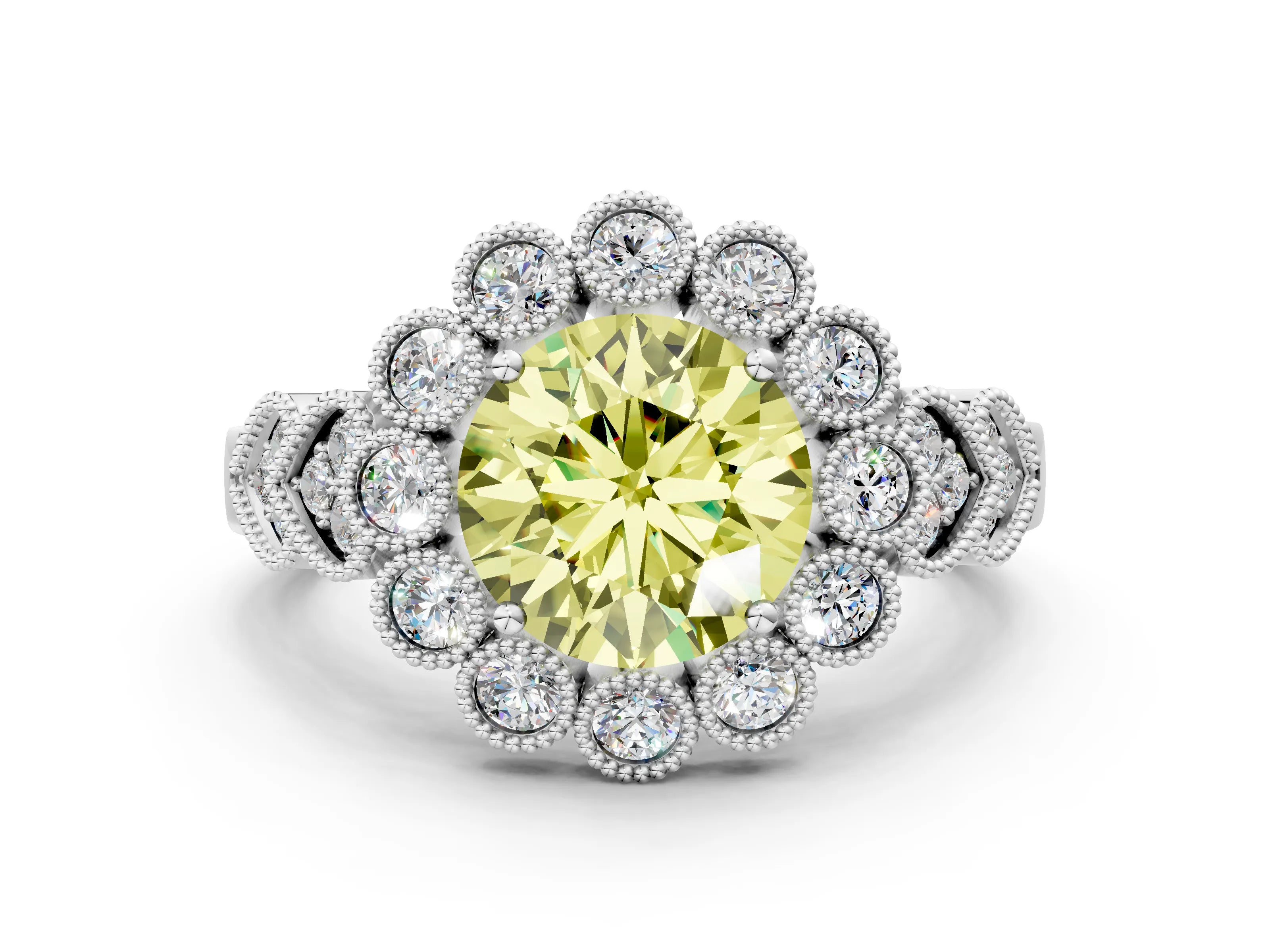 White gold Fancy Yellow Round Cut Brilliant Milgrain Pave Heart Band Solitaire Ring