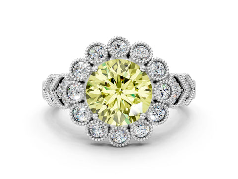 White gold Fancy Yellow Round Cut Brilliant Milgrain Pave Heart Band Solitaire Ring