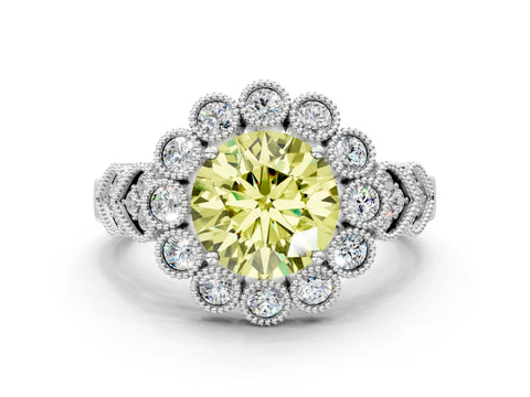 White gold Fancy Yellow Round Cut Brilliant Milgrain Pave Heart Band Solitaire Ring