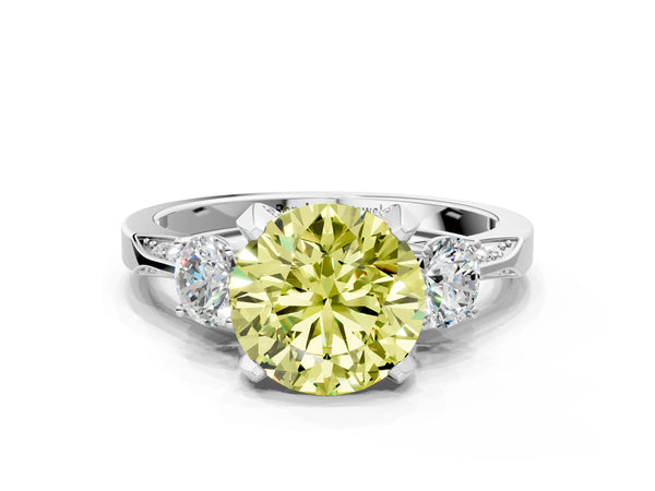 White gold Fancy Yellow Round Cut Brilliant Three-Stone Diamond Ring with Pavé Band and Four-Prong Setting