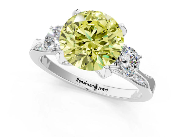 White gold Fancy Yellow Round Cut Brilliant Three-Stone Diamond Ring with Pavé Band and Four-Prong Setting
