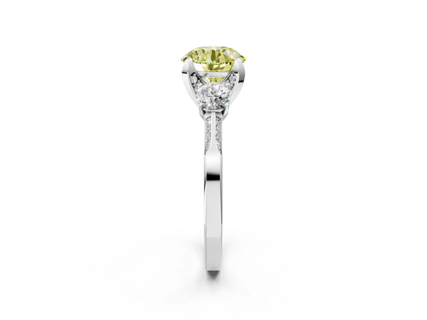 White gold Fancy Yellow Round Cut Brilliant Three-Stone Diamond Ring with Pavé Band and Four-Prong Setting