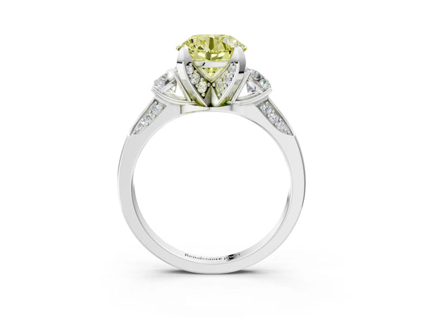 White gold Fancy Yellow Round Cut Brilliant Three-Stone Diamond Ring with Pavé Band and Four-Prong Setting