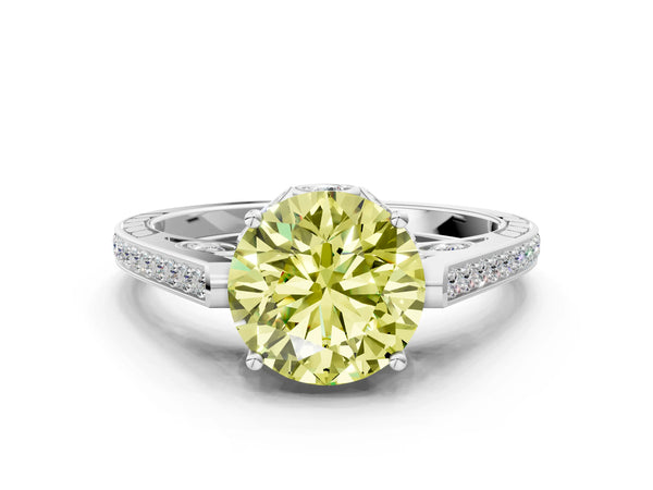 Platinum Round Cathedral Engagement Ring Setting for Fancy Yellow Center with Pave Shoulders
