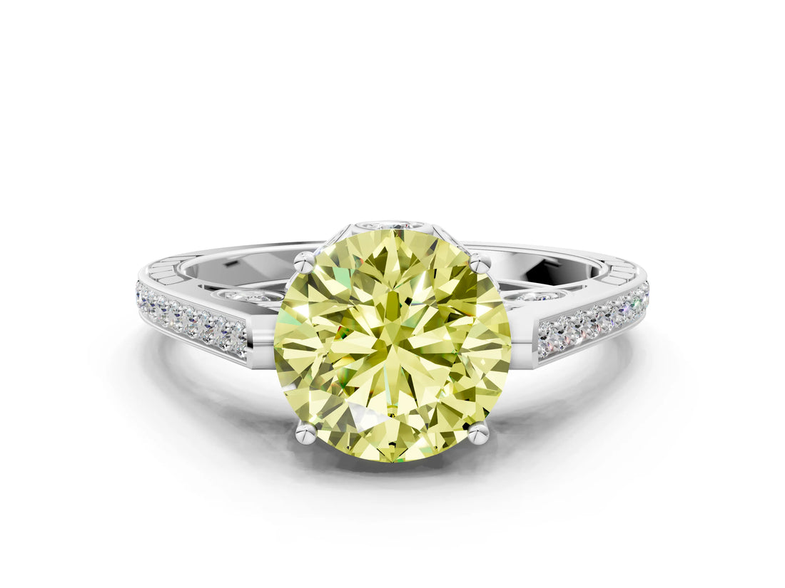 White gold Fancy Yellow Round  Cut Cathedral Pave Diamond Engagement Ring with Six-Prong Setting_32