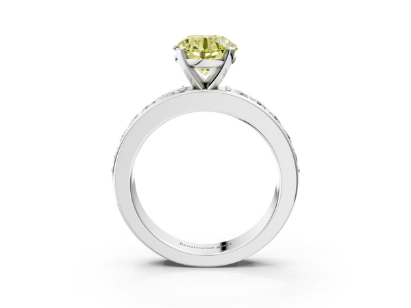 Platinum Round Side Stone Engagement Ring Setting for Fancy Yellow Center with Wide Accent Band