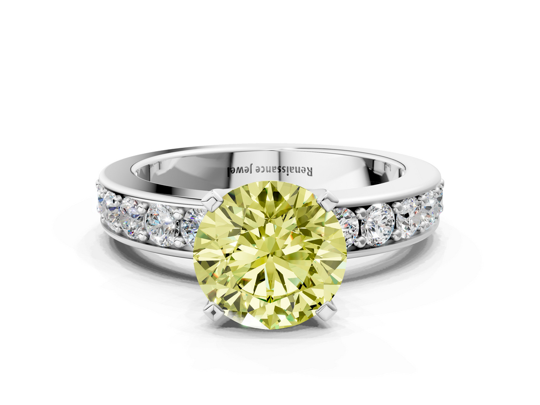 White gold Fancy Yellow Round  Cut Channel Set Diamond Engagement Ring with Four-Prong Setting