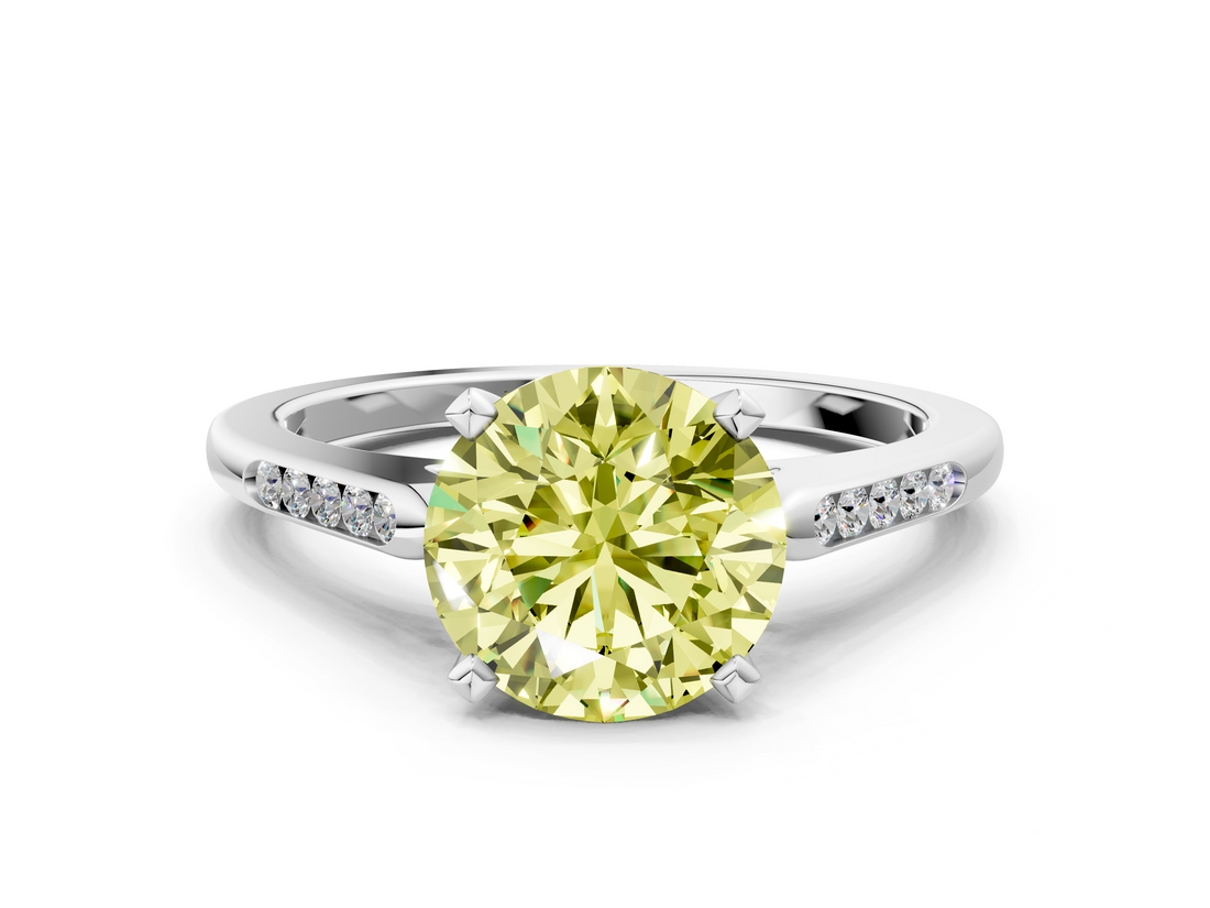 White gold Fancy Yellow Round  Cut Channel Set Solitaire Engagement Ring with Four-Prong Setting