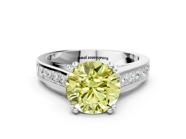Platinum Round Channel Set Solitaire Engagement Ring Setting for Fancy Yellow Center with Double Claw Prongs