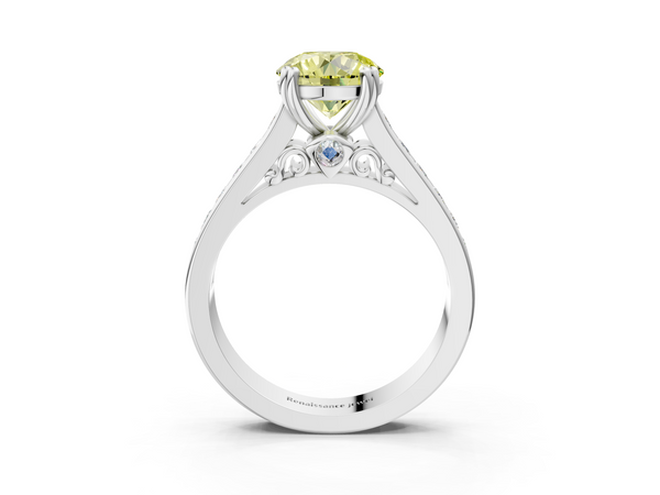 Platinum Round Channel Set Solitaire Engagement Ring Setting for Fancy Yellow Center with Double Claw Prongs