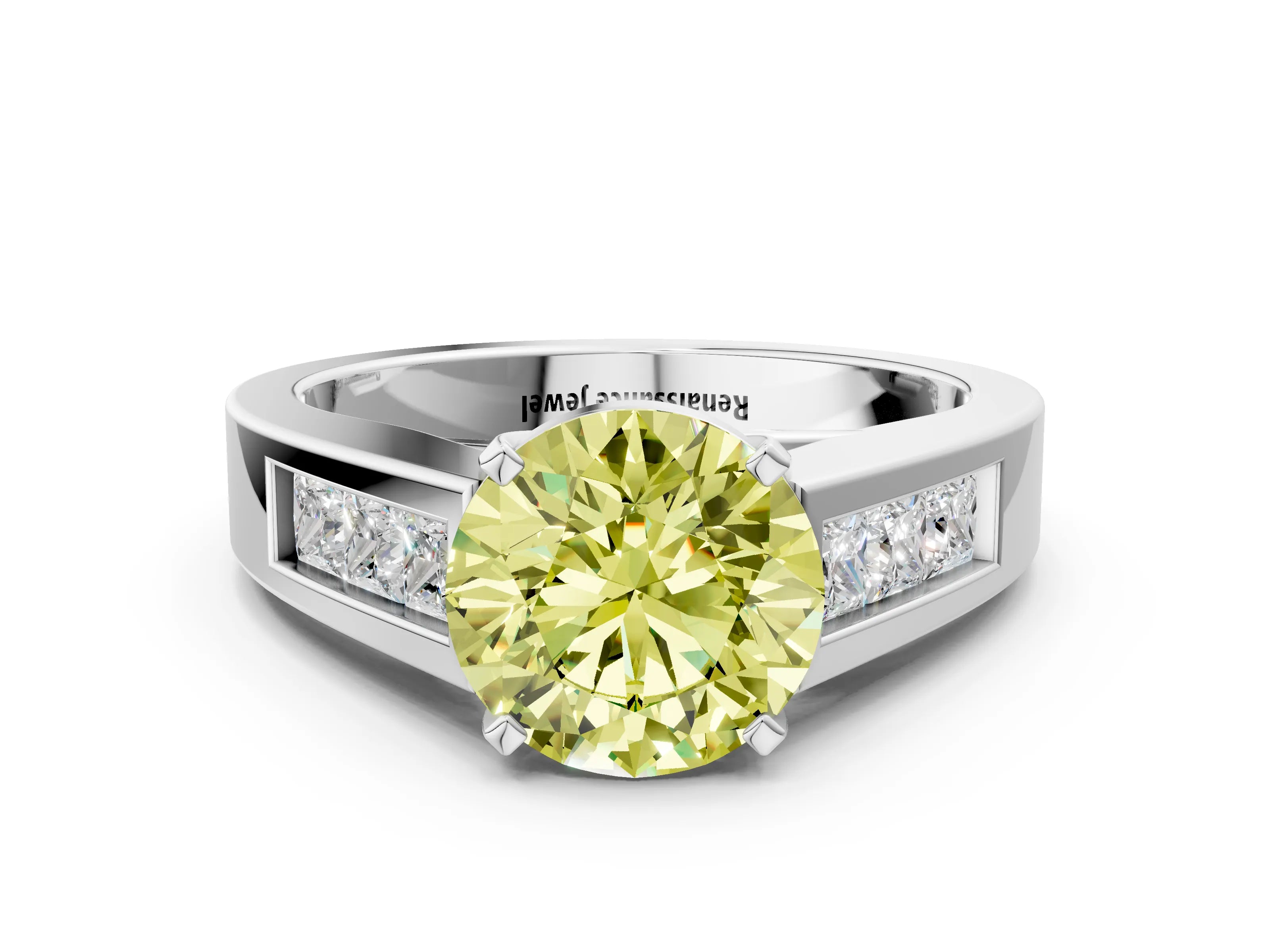 White gold Fancy Yellow Round Cut Cut Channel Set Solitaire Ring with Four-Prong Setting_12