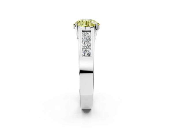 Platinum Fancy Yellow Round Cut Cut Channel Set Solitaire Ring with Four-Prong Setting