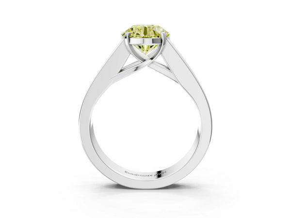 Platinum Fancy Yellow Round Cut Cut Channel Set Solitaire Ring with Four-Prong Setting