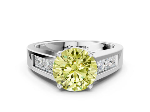 White gold Fancy Yellow Round Cut Cut Channel Set Solitaire Ring with Four-Prong Setting