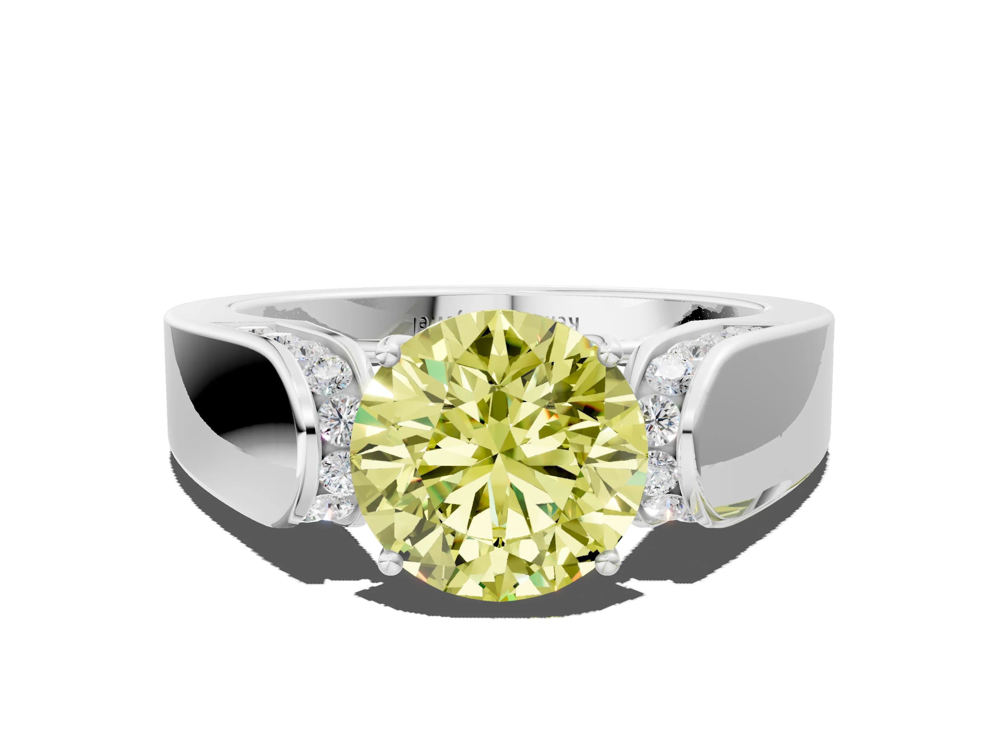 White gold Fancy Yellow Round Cut Cut Diamond Channel Set Solitaire Ring with Four-Prong Setting