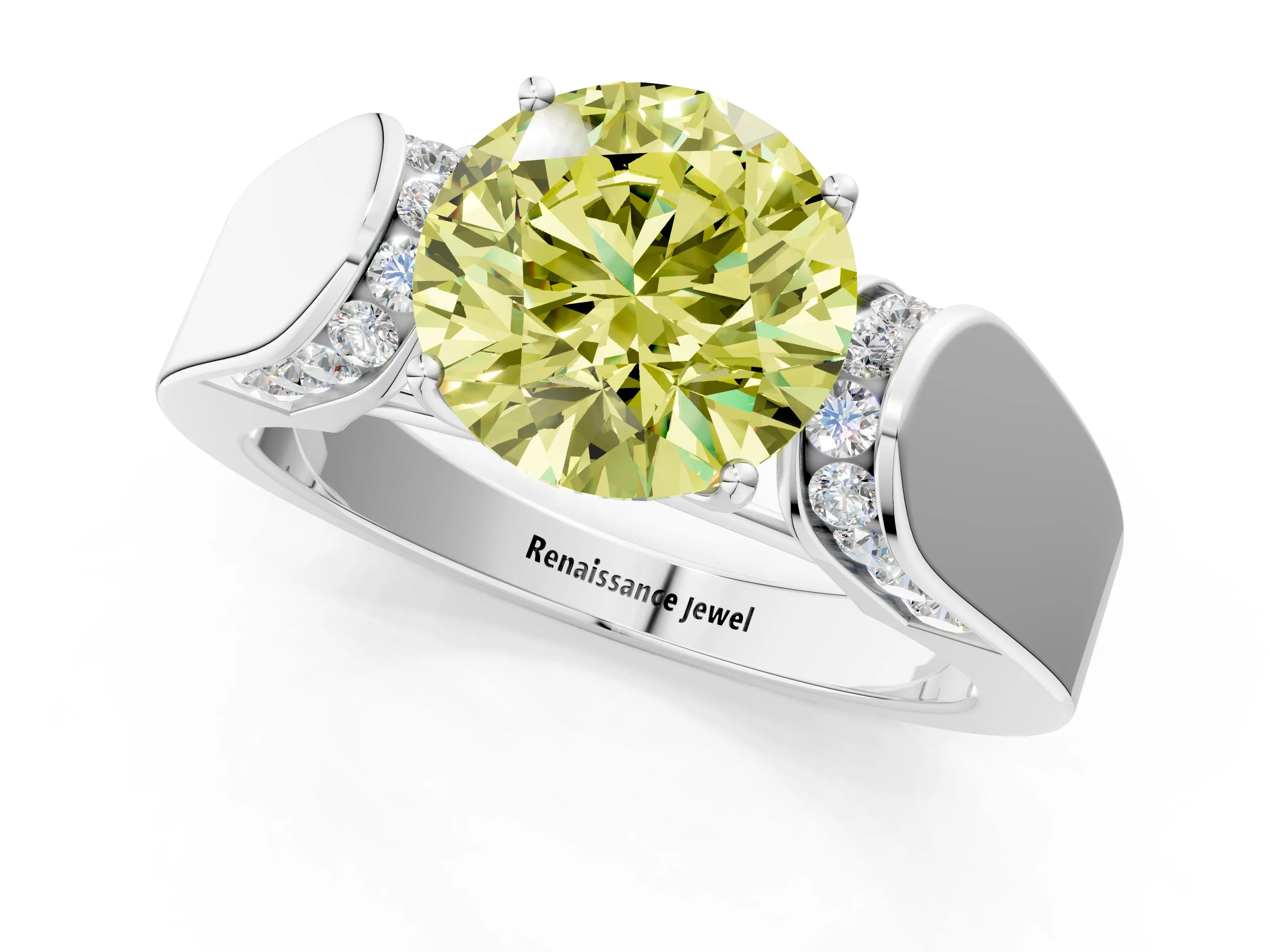 White gold Fancy Yellow Round Cut Cut Diamond Channel Set Solitaire Ring with Four-Prong Setting_133