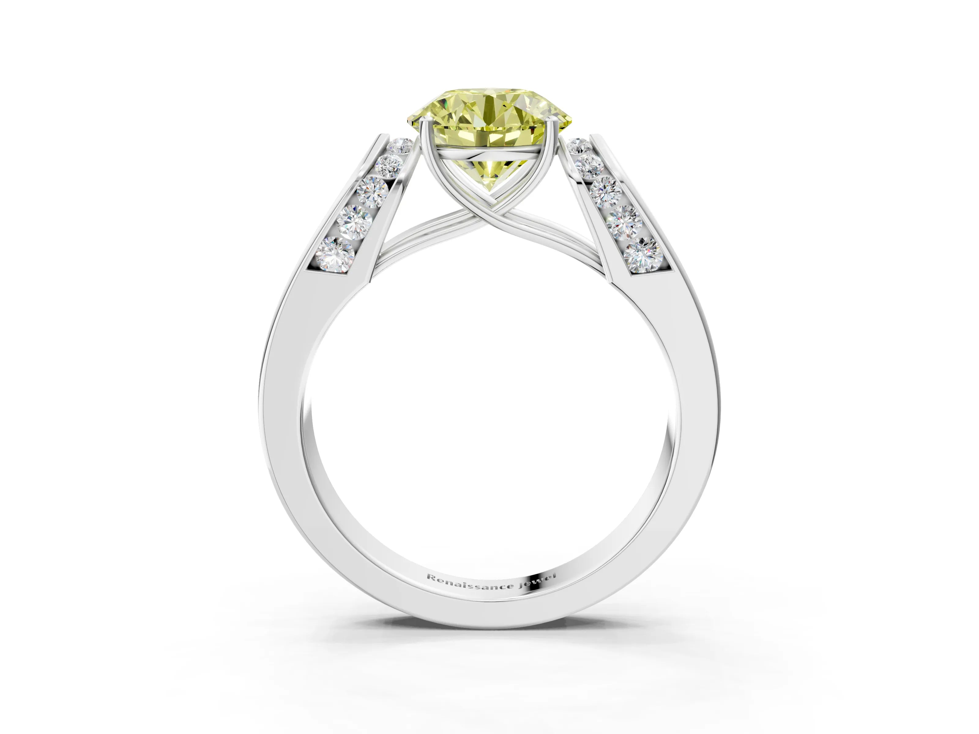 White gold Fancy Yellow Round Cut Cut Diamond Channel Set Solitaire Ring with Four-Prong Setting_15