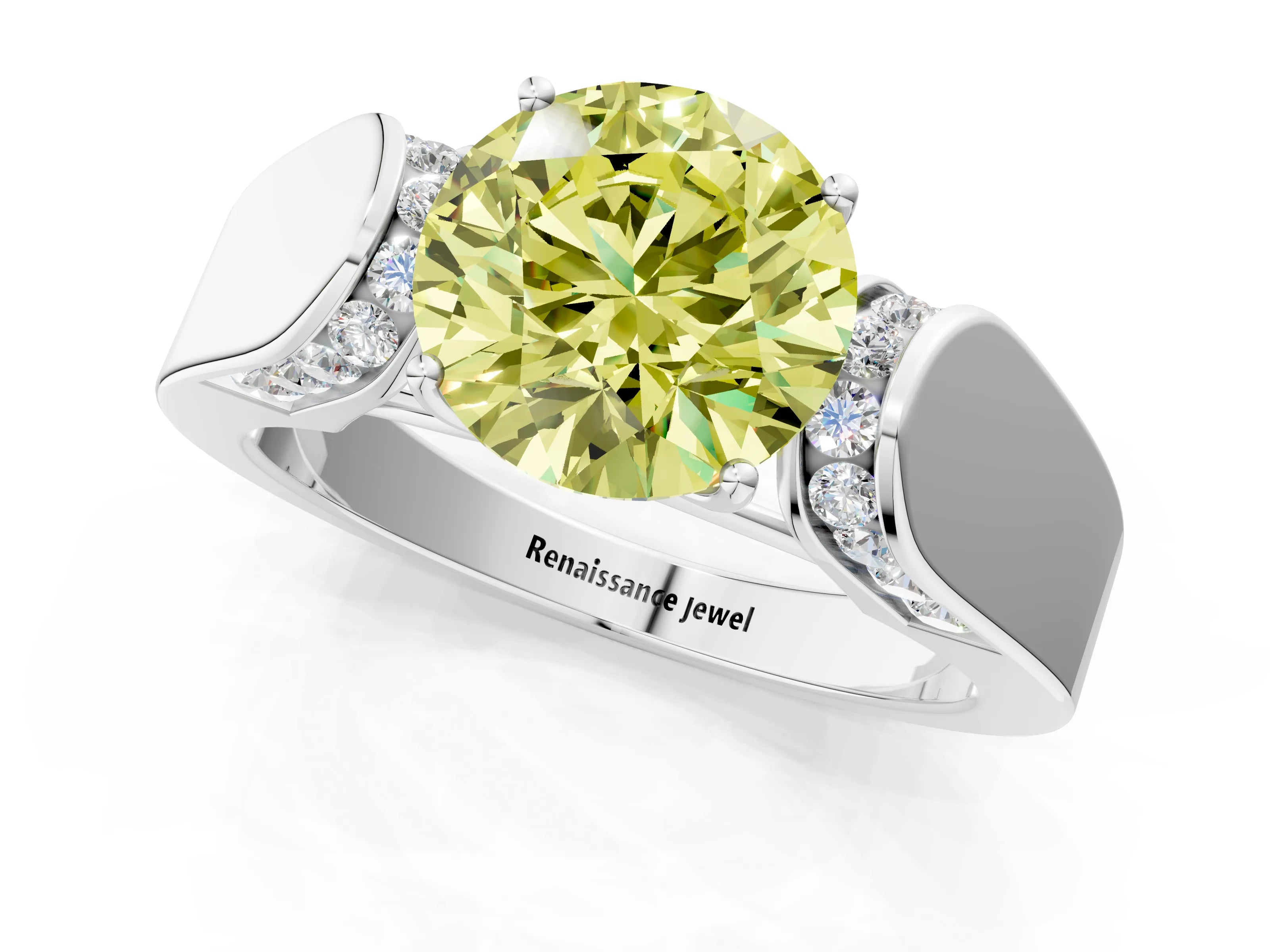 White gold Fancy Yellow Round Cut Cut Diamond Channel Set Solitaire Ring with Four-Prong Setting_229