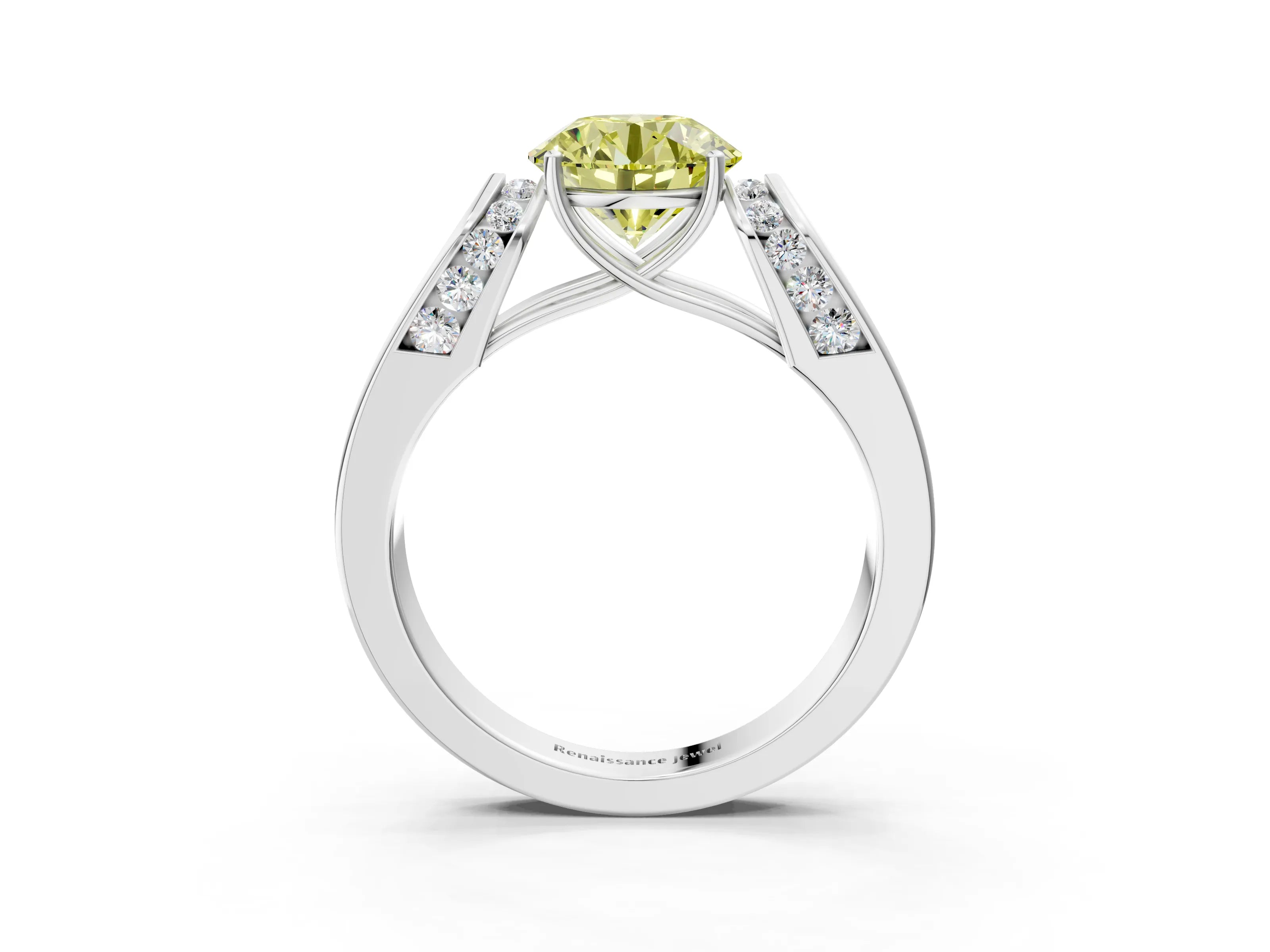 White gold Fancy Yellow Round Cut Cut Diamond Channel Set Solitaire Ring with Four-Prong Setting_3