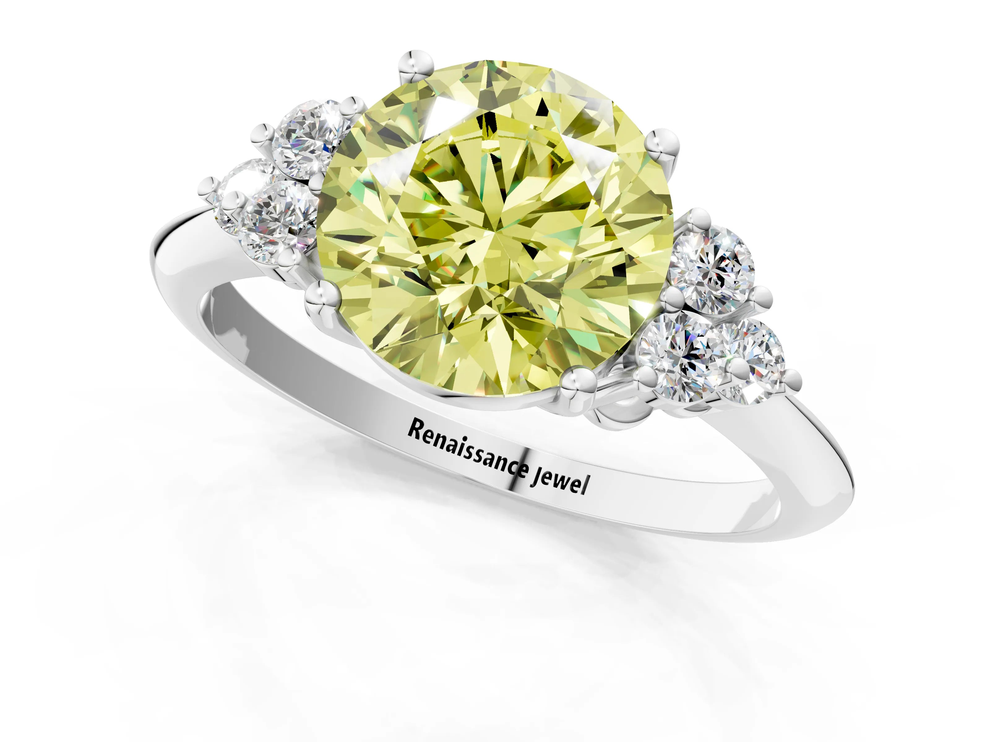 White gold Fancy Yellow Round Cut Cut Diamond Cluster Ring with Solitaire Band and Four-Prong Setting_13