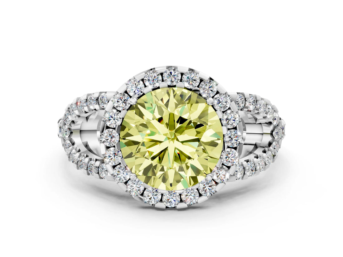White gold Fancy Yellow Round Cut Cut Diamond Halo Engagement Ring with Open Split Pavé Band