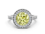White gold Fancy Yellow Round Cut-Cut Diamond Halo Engagement Ring with Pave Band and Prong Setting