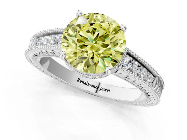 Platinum Fancy Yellow Round Cut Cut Diamond Milgrain Pave Band Four-Prong Setting Ring