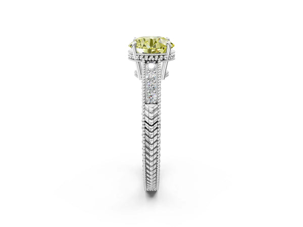 Platinum Fancy Yellow Round Cut Cut Diamond Milgrain Pave Band Four-Prong Setting Ring