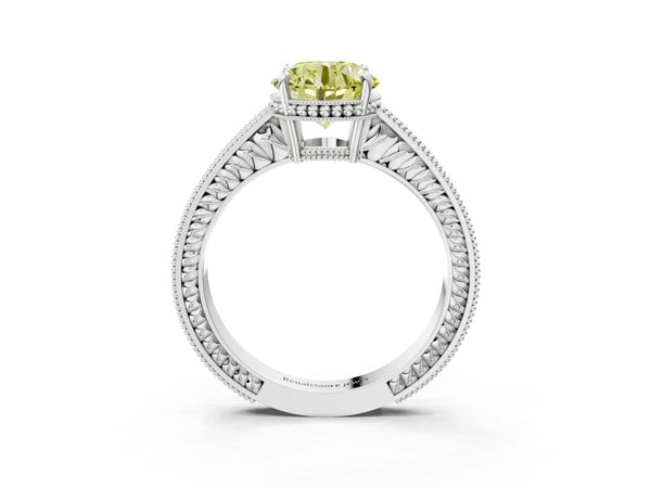Platinum Fancy Yellow Round Cut Cut Diamond Milgrain Pave Band Four-Prong Setting Ring