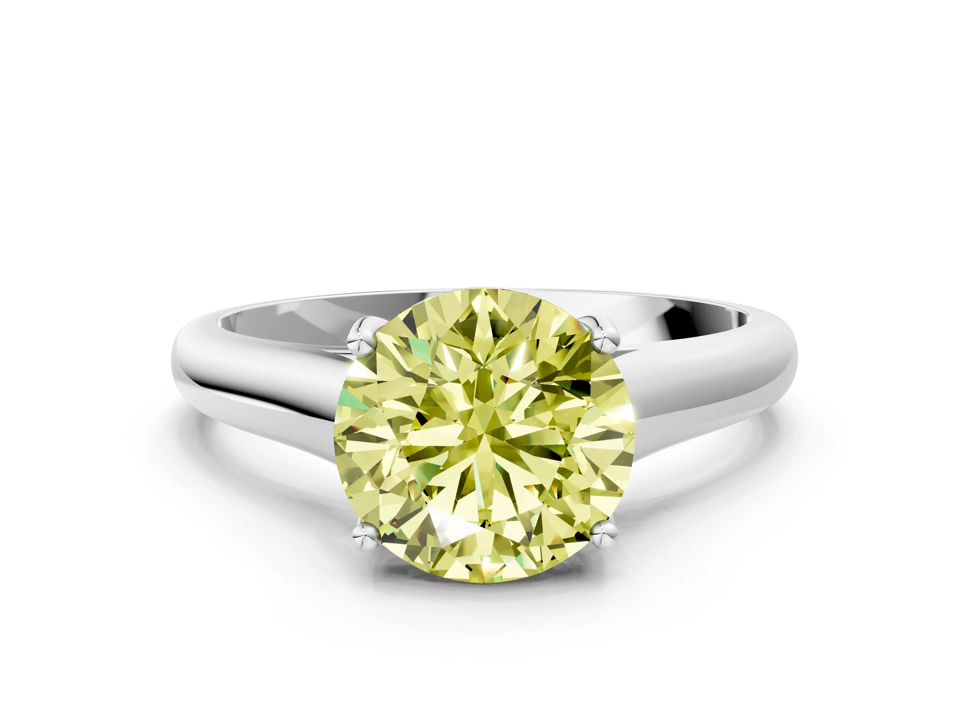 White gold Fancy Yellow Round Cut Cut Diamond Solitaire Engagement Ring with Tapered Plain Band and Four-Prong Setting_12