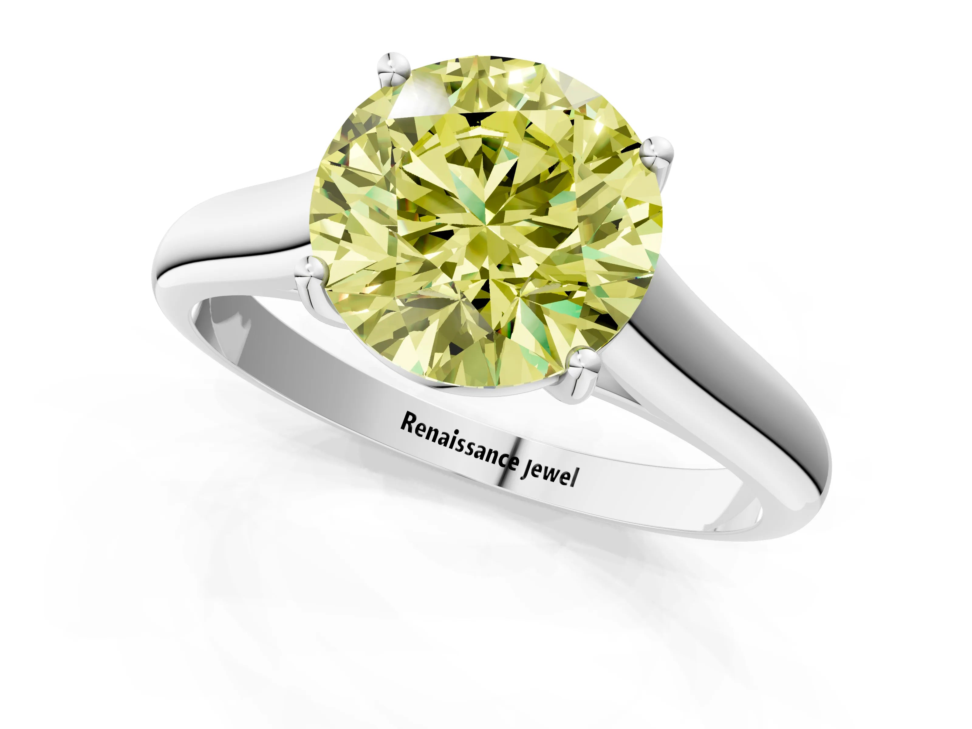 White gold Fancy Yellow Round Cut Cut Diamond Solitaire Engagement Ring with Tapered Plain Band and Four-Prong Setting_13