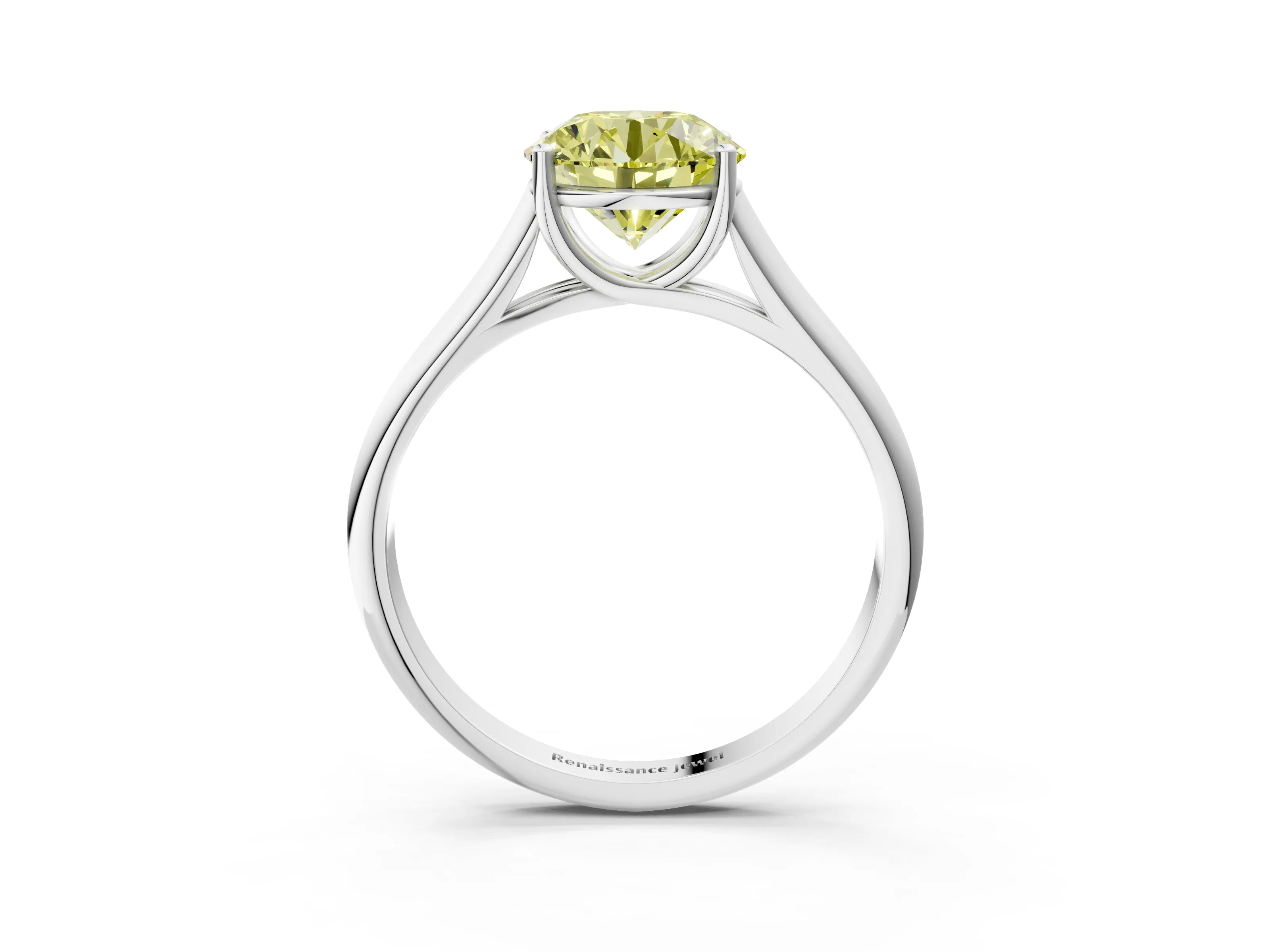 White gold Fancy Yellow Round Cut Cut Diamond Solitaire Engagement Ring with Tapered Plain Band and Four-Prong Setting_3