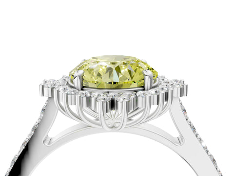 White gold Fancy Yellow Round Cut Cut Diamond Sunburst Halo Engagement Ring with Pavé Band_16