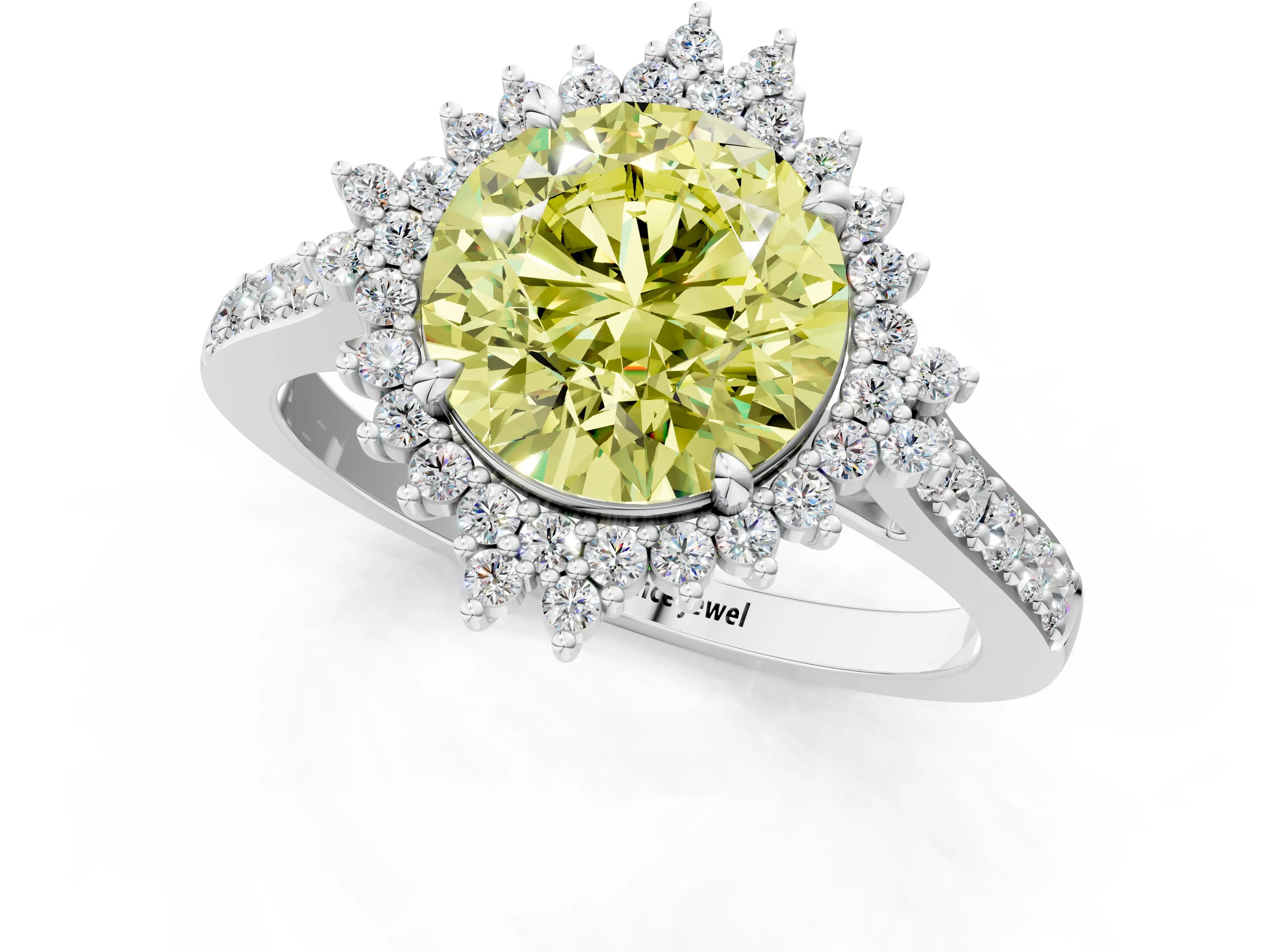 White gold Fancy Yellow Round Cut Cut Diamond Sunburst Halo Engagement Ring with Pavé Band_1