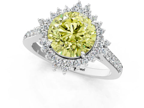 White gold Fancy Yellow Round Cut Cut Diamond Sunburst Halo Engagement Ring with Pavé Band_1